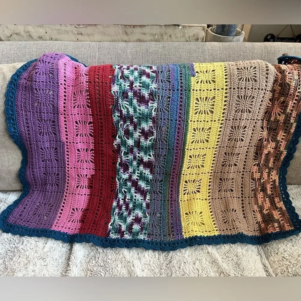 Handmade Crochet Vintage Multi Boho Throw Blanket Afghan